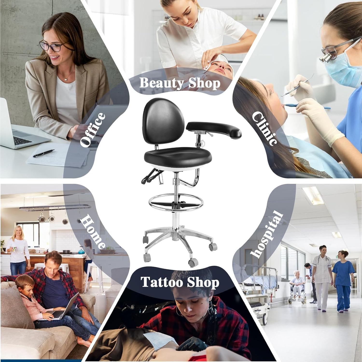 Medical Dental Assistant Chair with Rotatable Armrest Rolling Medical Chair Ergonomic Swivel Seating Back Support Dentist Stool for Clinics, Dental Offices, Labs-Black