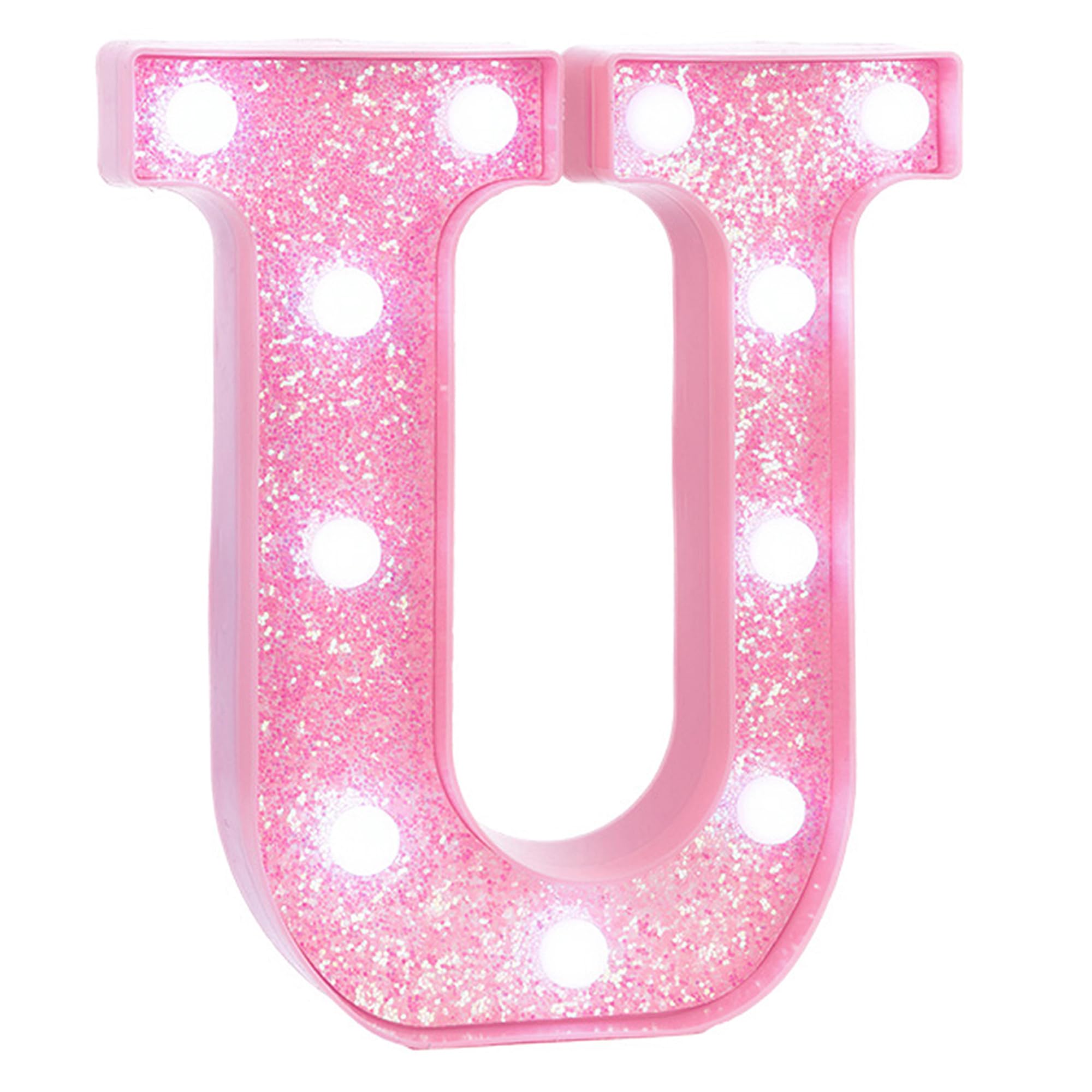 EUFONY Pink Glitter LED Marquee Light Up Letter U with Cool White Lights, Battery-Powered Alphabet Letter Sign for Girls Gift, Bedroom Wall Decor, Birthday Party Decorations, 2 Adhesive Hooks Included