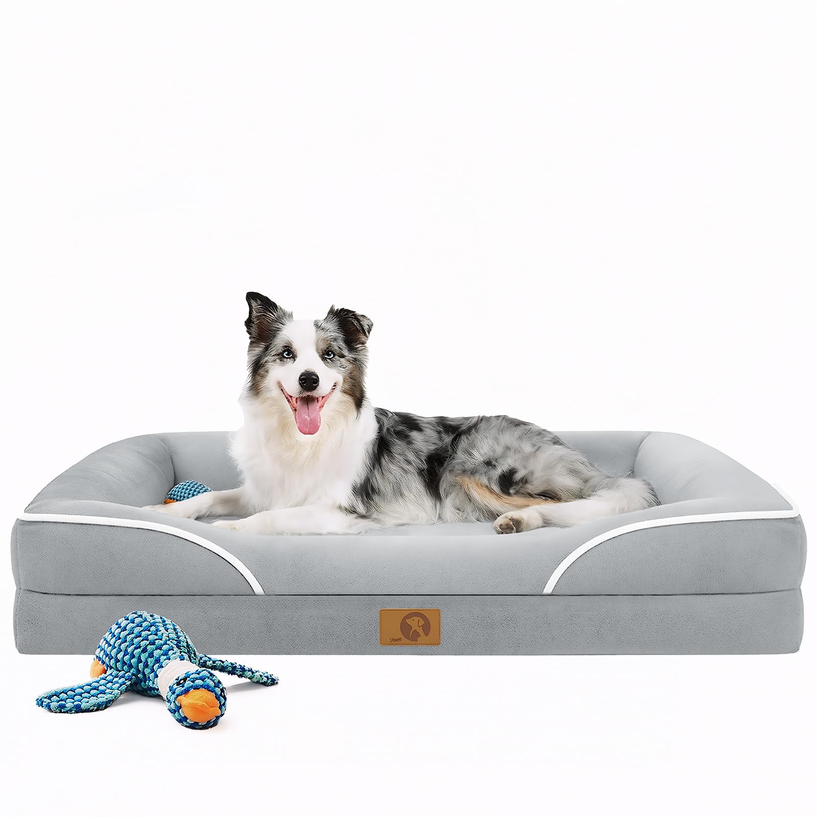 L'AGRATY Orthopedic Dog Beds Extra Large - Waterproof Memory Foam Dog Sofa with Sides, Non-Slip Bottom and Egg-Crate Foam Pet Couch Sofa with Washable Removable Corduroy Cover with Chew Toy, Grey