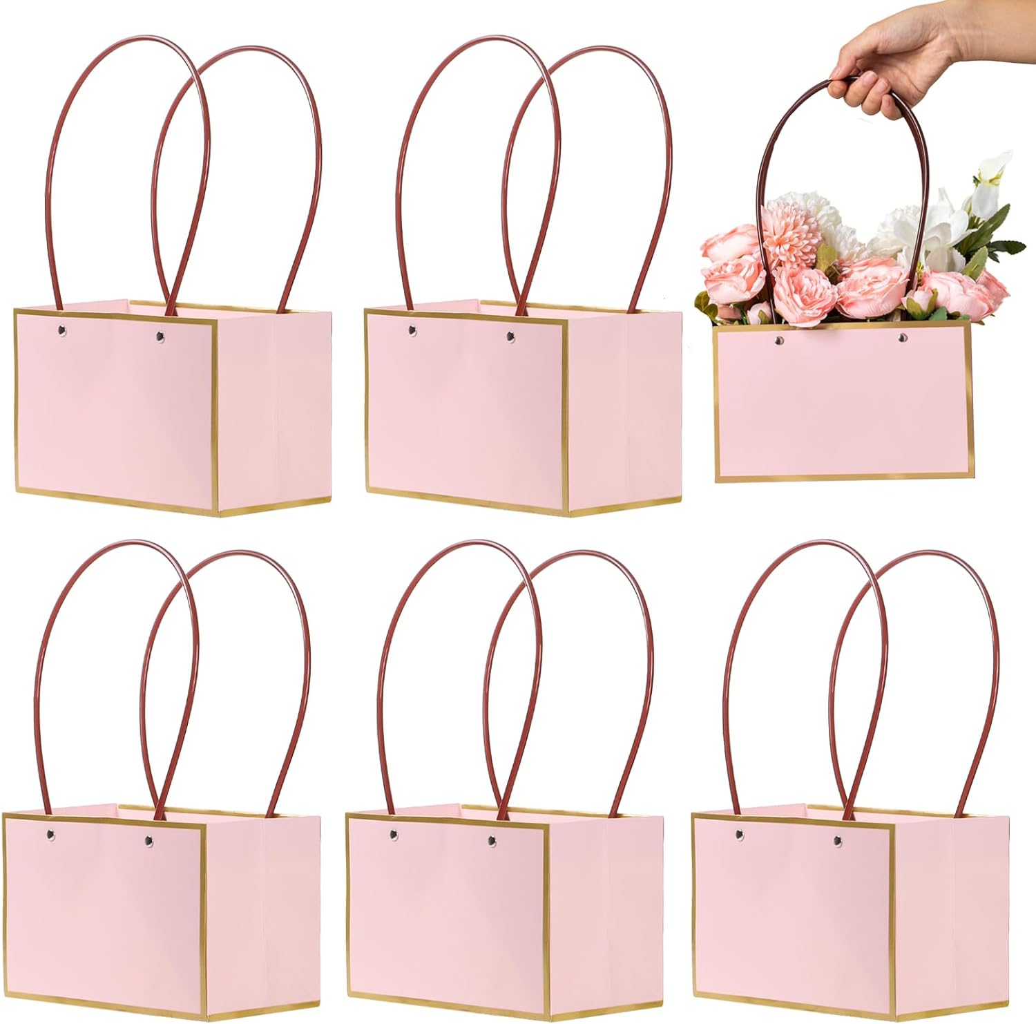 5Pack Pink Kraft Flower Gift Bag with Golde Edge, Floral