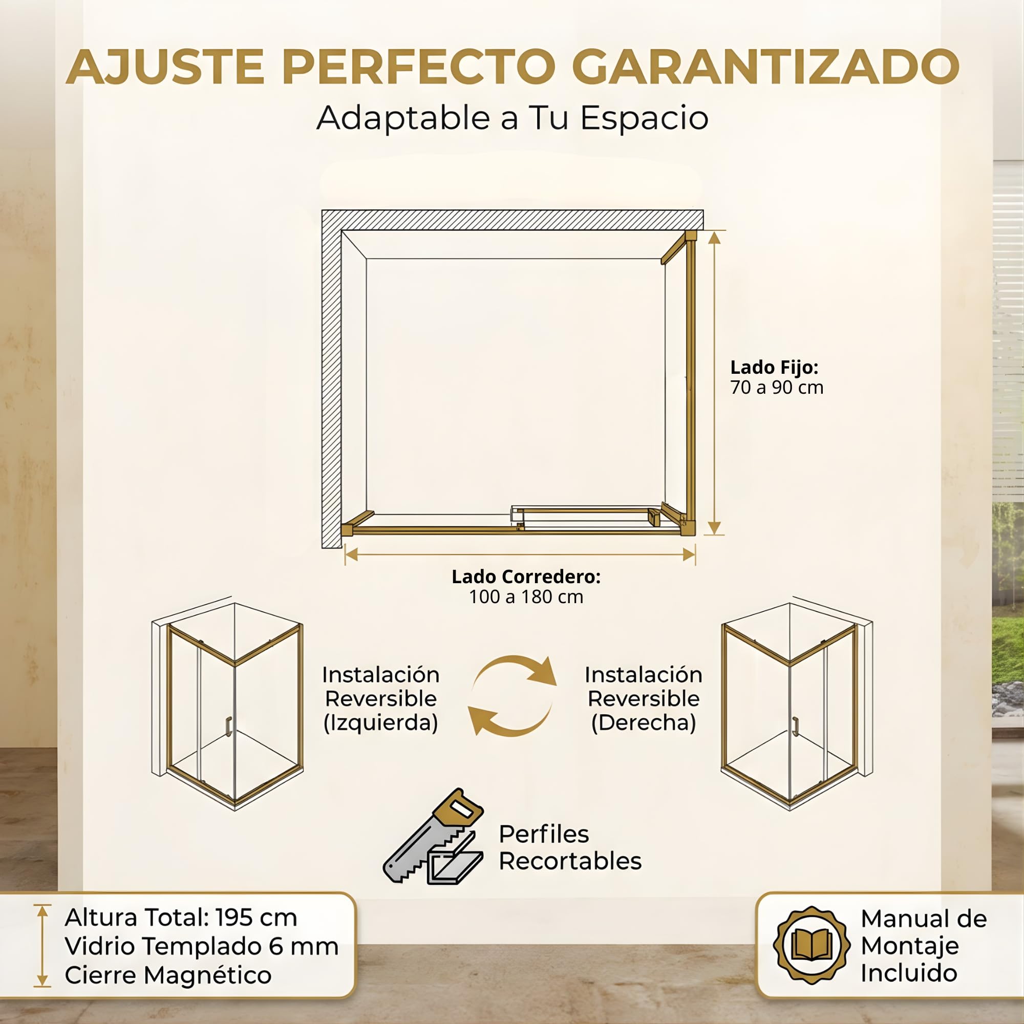 IMEX - Mampara Ducha 2 Fijas + 1 Corredera 100x70cm Oro Cepillado | Mampara Angular con Cristal Reversible y Perfilería de Aluminio con 195cm de Altura | Vidrio con Grosor 6mm y Cierre Magnético