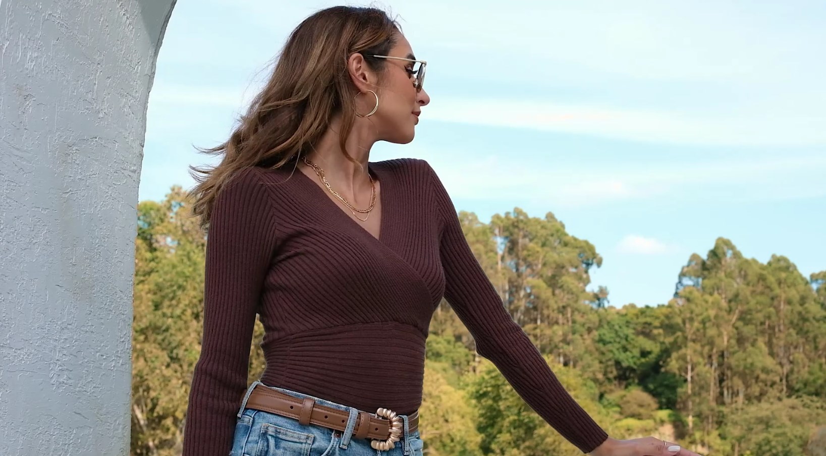 Fangetey Womens Deep V Neck Sexy Wrap Sweater Long Sleeve Slim