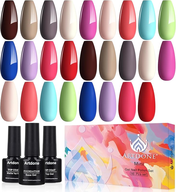 Artdone Gel Nail Polish Set Solid UV Gel 16 Bottles Set Include Top & Matte Top Coat and Base Coat White Pink Yellow Blue Red Colors For All Seasons Neutral Soak Off Manicure Kit For Nail Art