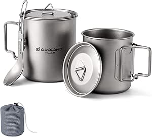 Odoland Camping Titanium Pot, 750ML and 420ML Titanium Mugs, Camping Titanium Coffee Cup with Lid and Spork, Foldable Handle for Camping, Hiking, Traveling and Backpacking