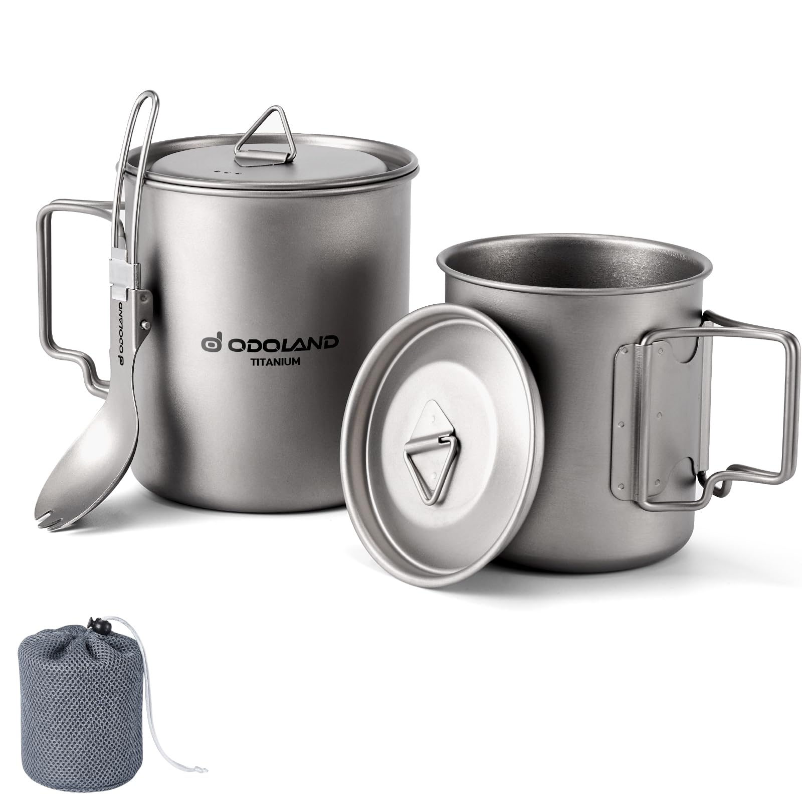 Odoland 750ML und 420ML Titanium Becher, Camping Kaffeetasse mit Deckel und Spork, klappbarer Griff für Camping, Wandern, Reisen