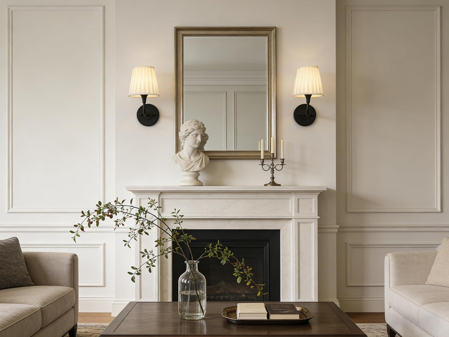 PERMO Set of 2 Matte Black Wall Sconces with Beige Pleated Fabric Shade – E26 Hardwired Single Arm Wall Light for Bedroom, Living Room, Hallway, Bathroom