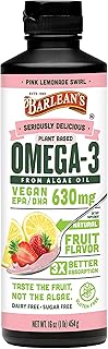 Barlean's Pink Lemonade Vegan Omega 3 Supplement, Liquid Algae Oil with 630 mg EPA & DHA, Plant Based Omegas from Algal Oil, Non-GMO & Gluten Free, 16 oz