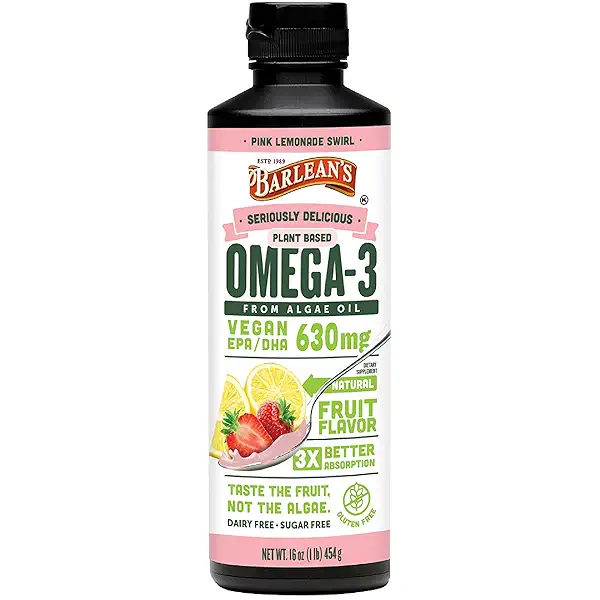 Barlean's Pink Lemonade Vegan Omega 3 Supplement, Liquid Algae Oil with 630 mg EPA & DHA, Plant Based Omegas from Algal Oil, Non-GMO & Gluten Free, 16 oz 1