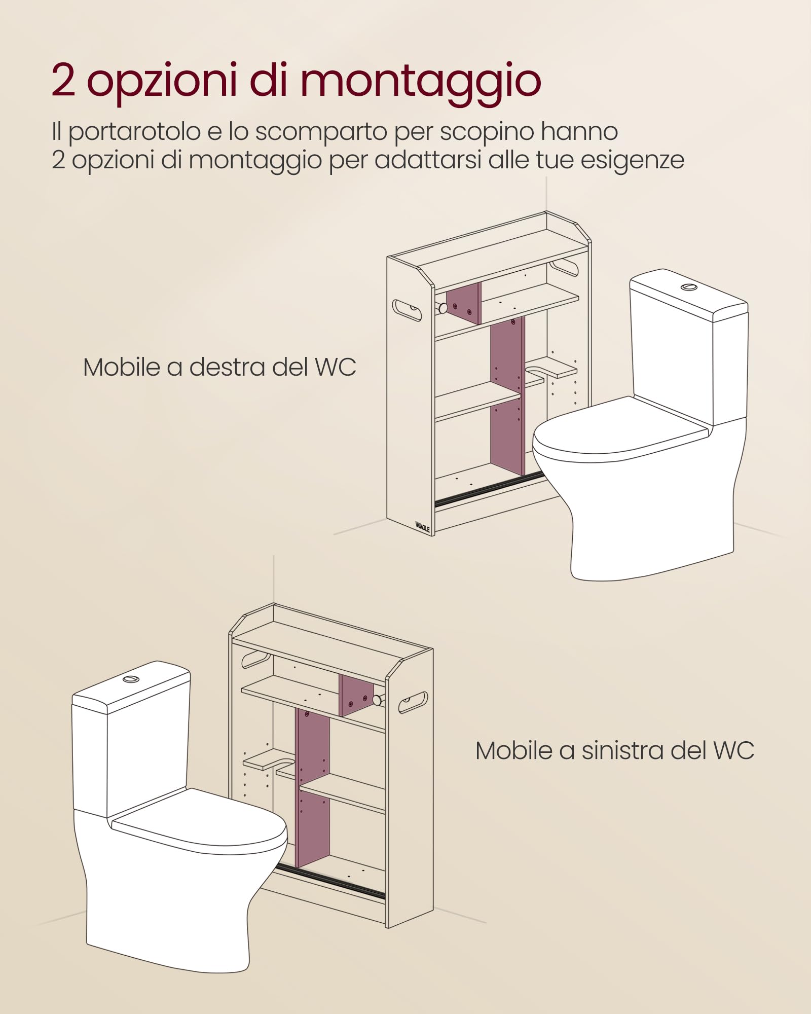 VASAGLE Mobile Bagno, Mobiletto Bagno Salvaspazio, Porta Carta Igienica e Scomparto per Scopino, Ante Scorrevoli, Ripiani Regolabili, accanto al WC, 20 x 60 x 80 cm, Bianco Nuvola BBC752W01