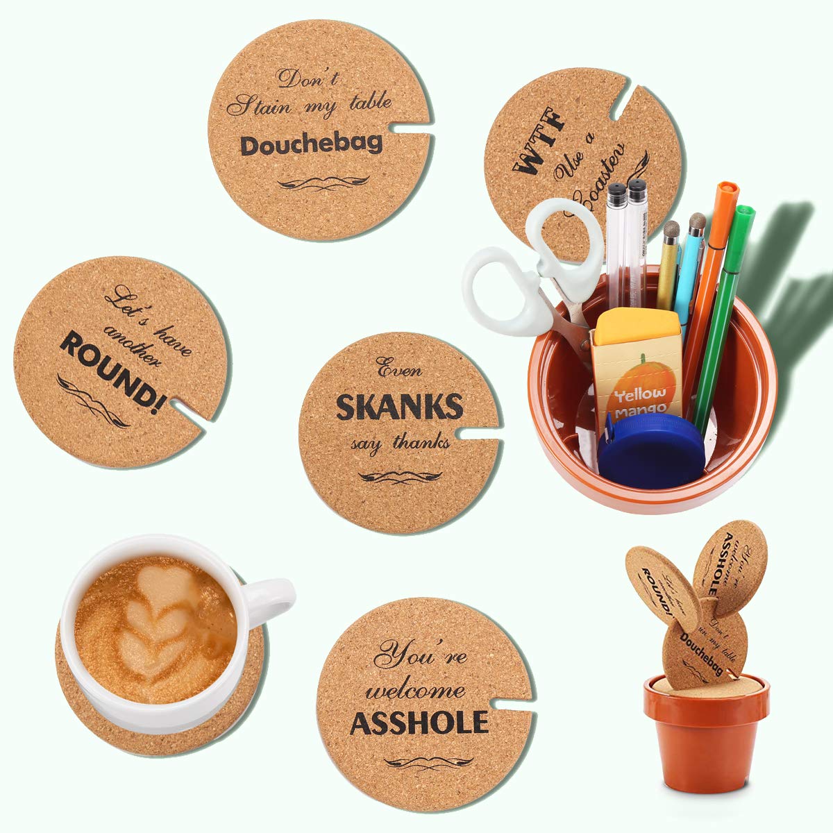 FunnyCorkCoasters for Drinks Absorbent with Holder Set of 6,Cactus