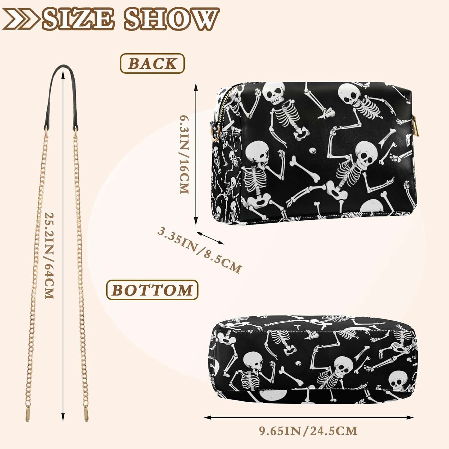 Skeleton Halloween Black Skull Small Crossbody Bags Vegan Leather Women's Purses Zip Shoulder Handbag
