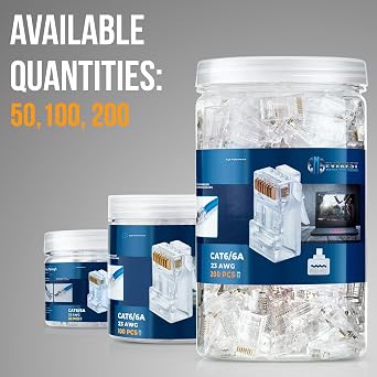 Everest Media Solutions RJ45 Cat6 / 6a تمر عبر موصلات لكابل شبكة UTP سميك 23 AWG كبير القطر ، 100 قطعة | إدراج الأدلة مضمنة