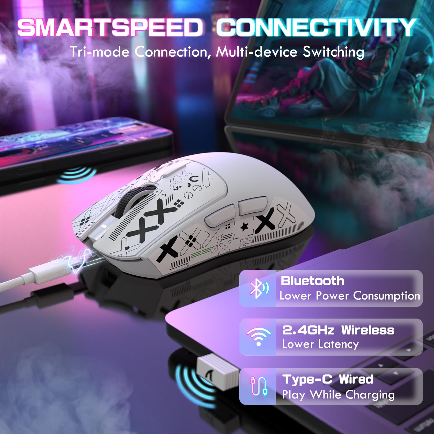 ATTACK SHARK X1 Mysz do gier z magnetyczną stacją ładującą, czujnik PixArt PAW3395PRO, 40000DPI, ultralekka 49 g, bezprzewodowa / przewodowa Bluetooth / 2,4 GHz, 100 m mikroprzełączniki do komputerów