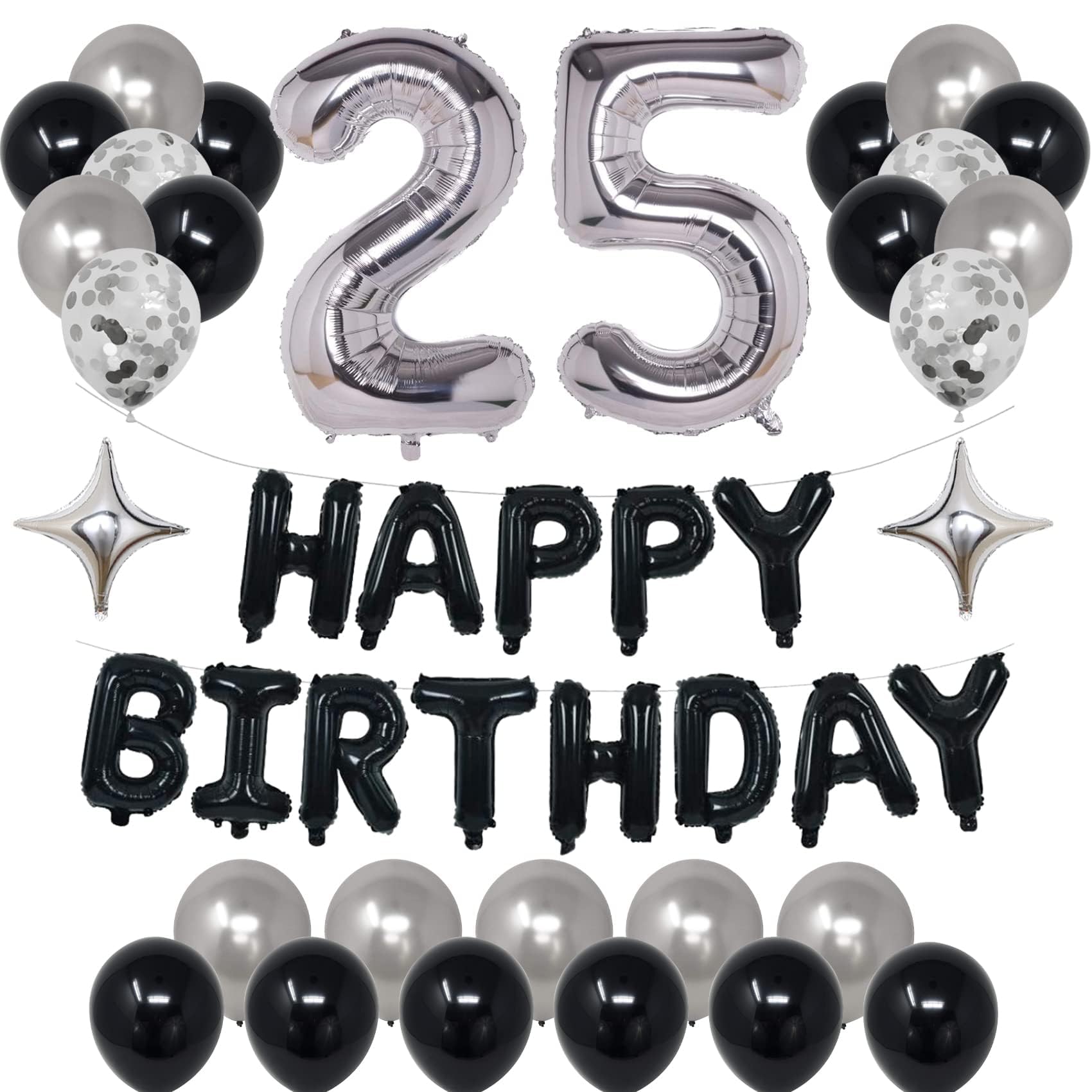 NANINUNENO 25th Black Silver Birthday Party Decorations for Men Women, Happy 25 Birthday Party Supplies with Black Happy Birthday Banner, Silver Foil