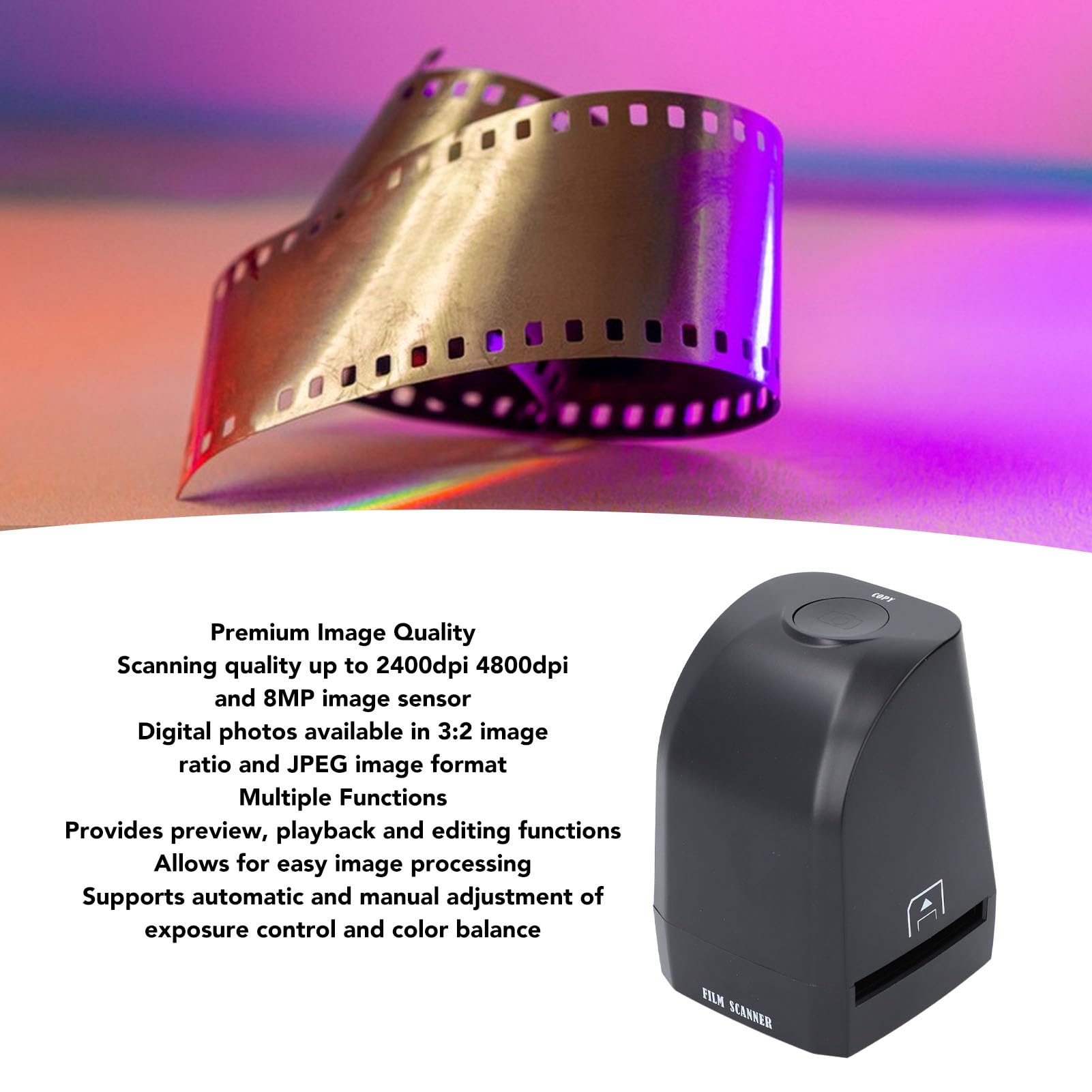 Scanner per Pellicole Digitali, Diapositive USB da 8 MP ＆ Dispositivo di Scansione Positivo Negativo, 2400 4800 Dpi, Compatibile con OS X, 35 Mm 135 Mm, Positivo a Colori