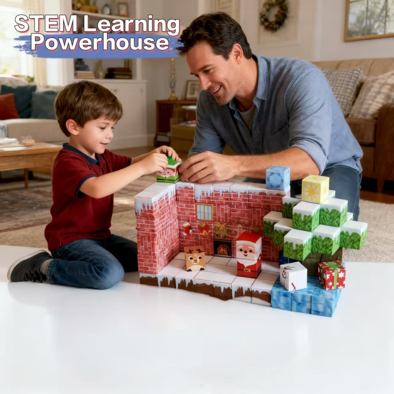 150PCS Magnetic Tiles Christmas Building Set, STEM Sensory Toys with Santa & Reindeer Figures for Kids Ages 3-12, Gift Educational Magnetic Blocks for Toddler Boys Girls