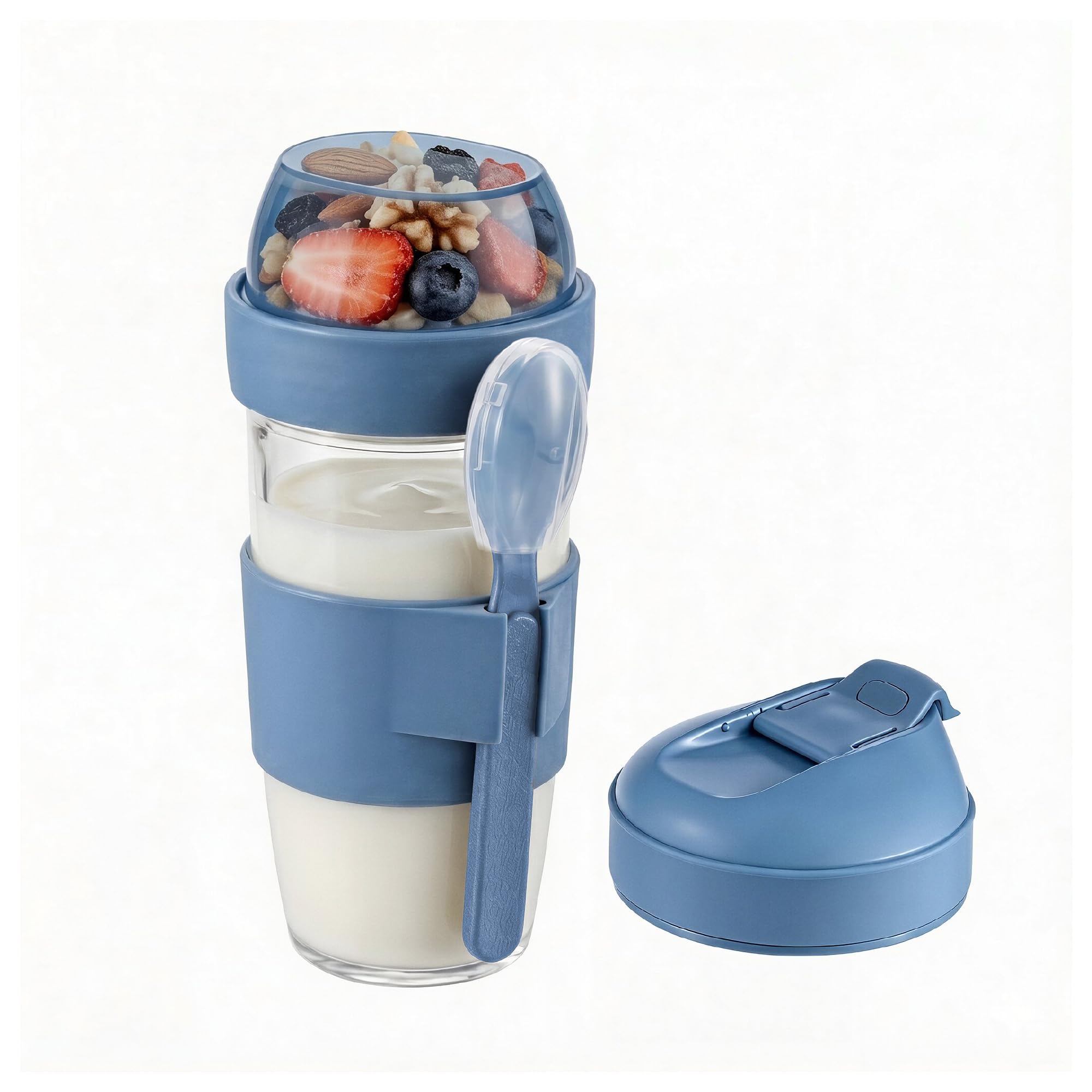 Amig Blue - Glass Yogurt Cup - 480Ml - Conveniently Transport Yogurt And Cereals - Airtight Lid For Coffee - Fresh Ingredients - Mod. 1