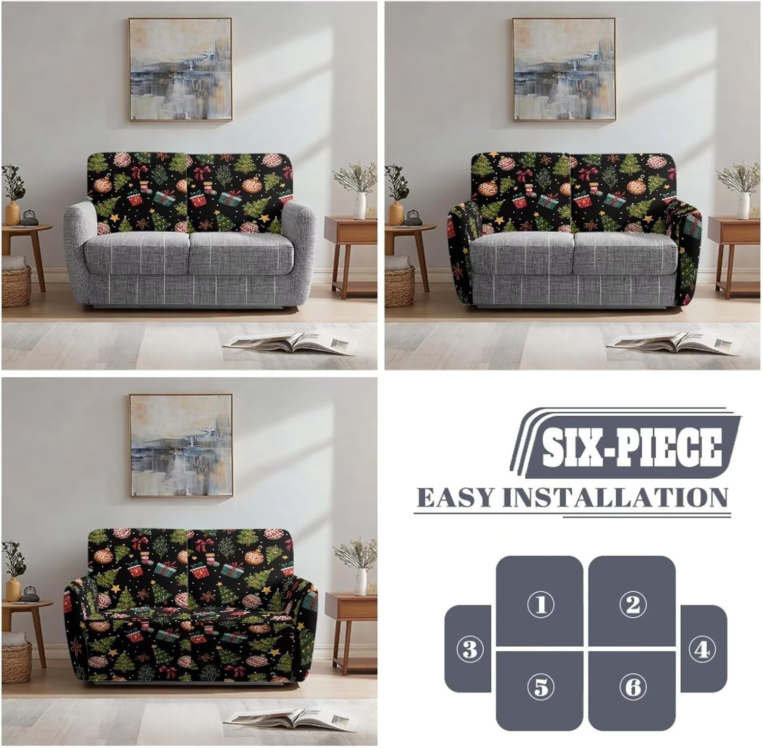 Christmas 6 Pieces Recliner Couch Covers, 2 Seats Slipcover for Sofas Ball Prints Loveseat Reclining Cover Elastic Furniture Protector for Living Room Easy to Install