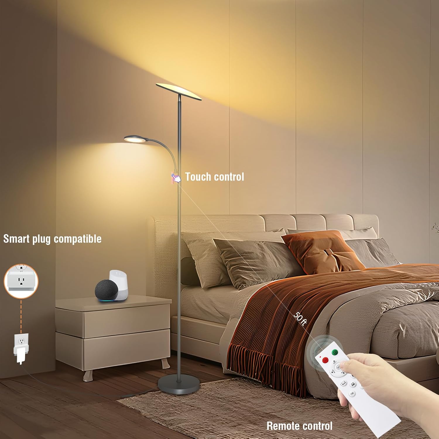 marctronic Gray Floor Lamps for Living Room, 44W/4500LM Super Bright 2 in 1 LED Floor Lamp with Remote, Stepless Dimmable, 69" Tall Standing Floor Lamp with Bendable Reading Light for Bedroom Office