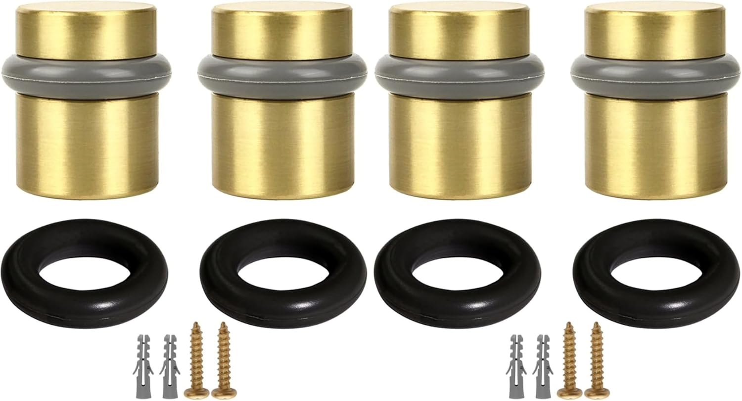 Modern Cylindrical Door Stop – Satin Brass Floor Rubber Bumper, 4-Pack – Design House, 188185
