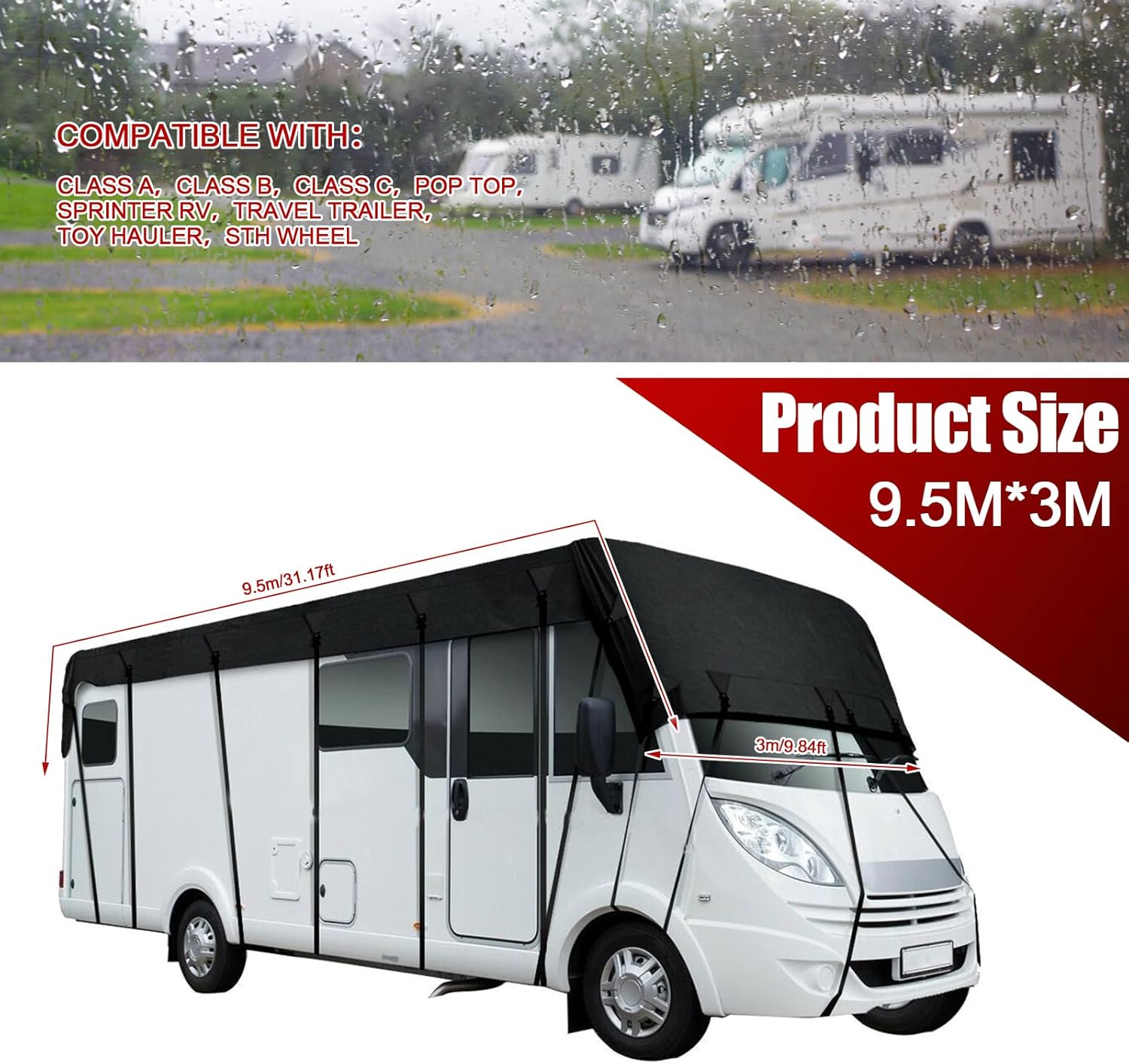 Camper Cover 210D Oxford Cloth Camper Cover for Roof Only Foldable Storage, Easy to Clean Class C Rv Cover Waterproof Rv Covers (Black, 9.5X3 M)