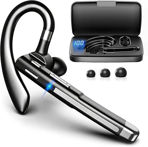 Bluetooth Headset V6.1, Wireless Bluetooth Earpiece with 500mAh Charging Case,100 Hours Talking Time, CVC8.0 Noise Cancelling Single-Ear Earphone, Hand-Free Headphones for Trucker, Office, Business