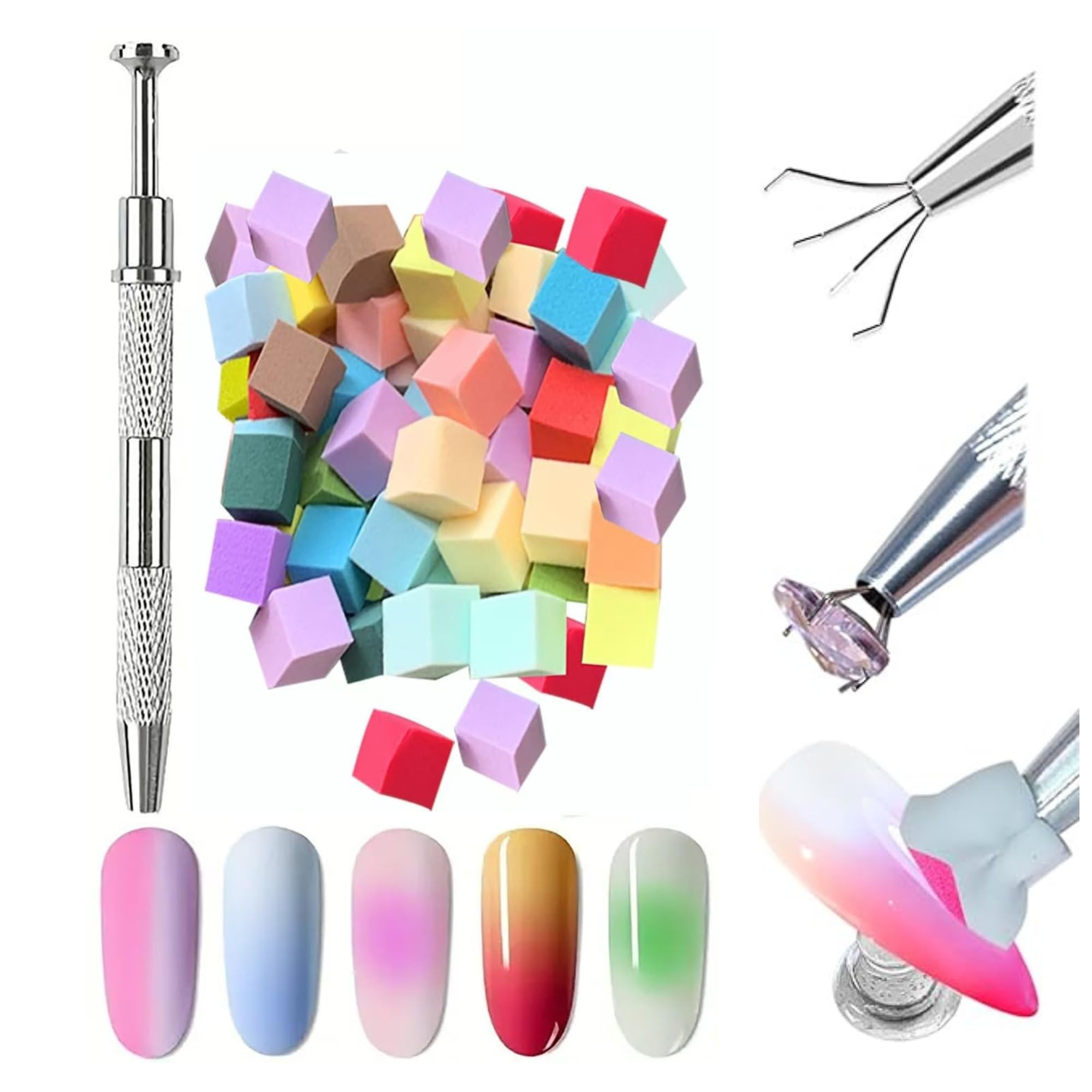 100pcs Soft Nail Sponges for Ombre with Grabbing Pen, Multicolor Nail Art Sponges, Gel, Glossy Finish, DIY Design Accessories for Salon & Home Use.
