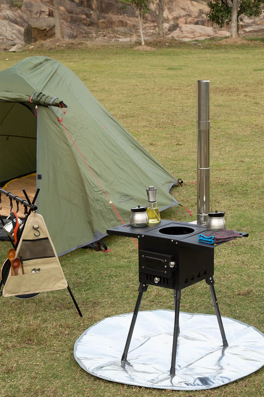 薪ストーブ 高さ調整可能 薪暖炉 ステンレス キャンプ テント用 煙突付き