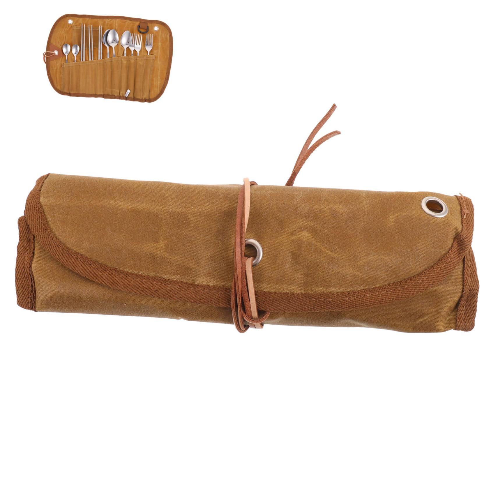 BESTonZON Camping Besteckset aus Edelstahl und Nylon mit Canvas Tasche Sichere und Ordentliche Aufbewahrung für Outdoor Nutzung und Indoor Lagerung mit Integriertem Fach