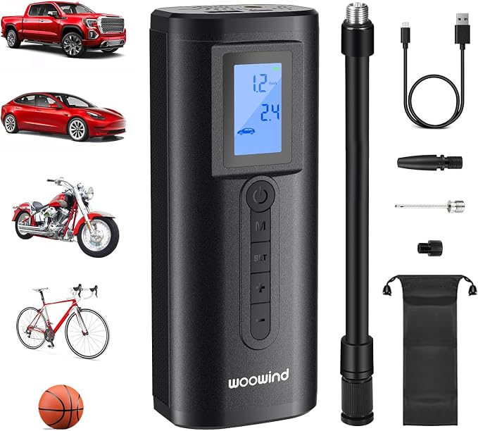 Woowind AP2-P Bärbar Luftkompressor 150PSI | Digital tryckmätare, uppladdningsbar, lämplig för bil, cykel, motorcykel, scooter och bollar,powerbank