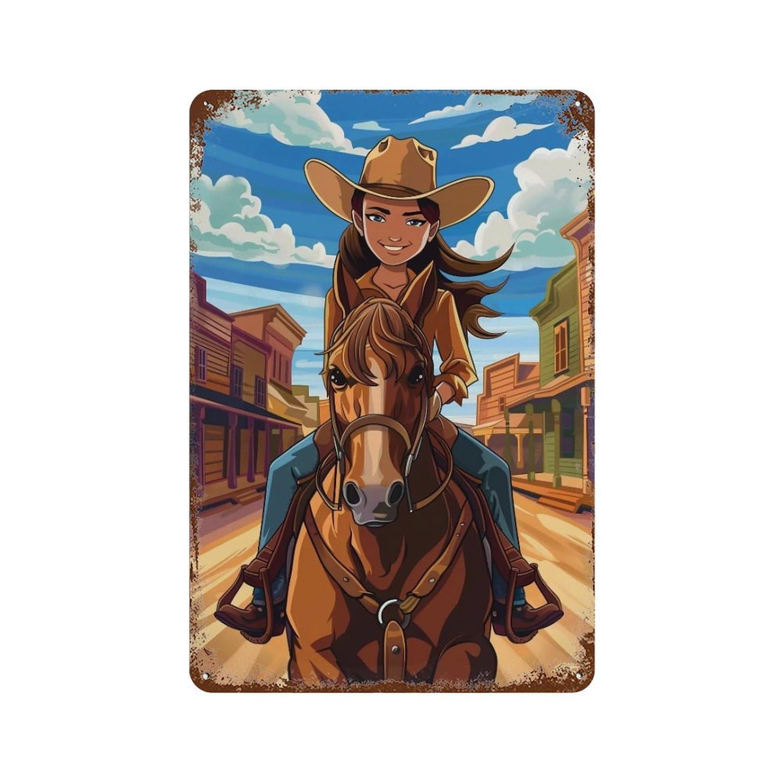 YHGERTKU Happy Cowgirl Riding Horse 01 Wall Art Retro Iron Vintage Metal Tin Sign Poster Modern Decor for Living Rooms Gift 30x20cm