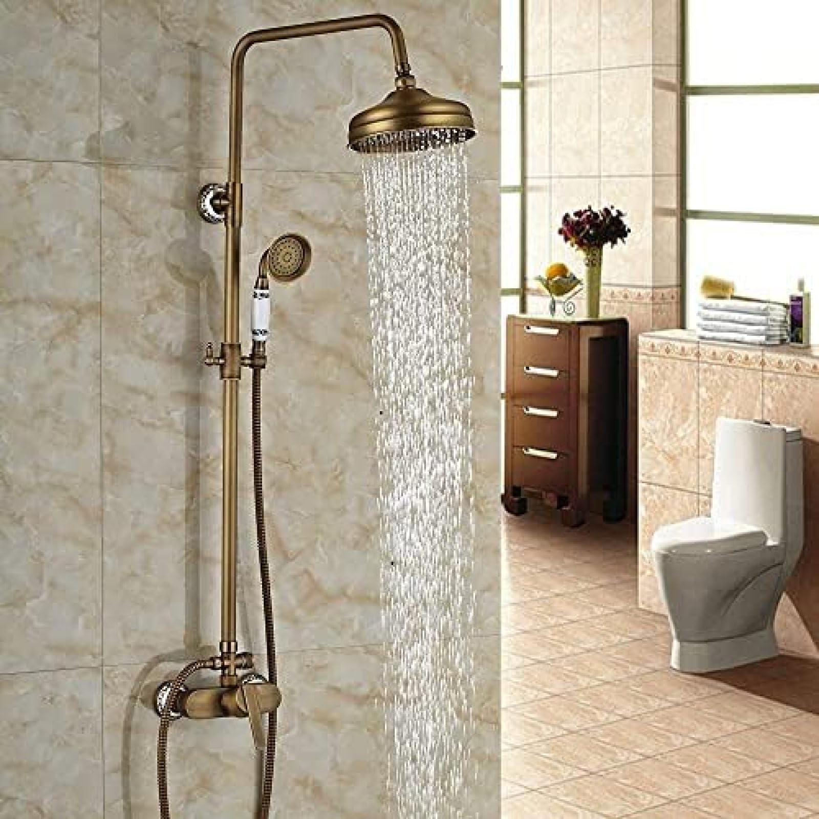 Colonne de douche rétro laiton vieilli avec mitigeur robinet de bain complet