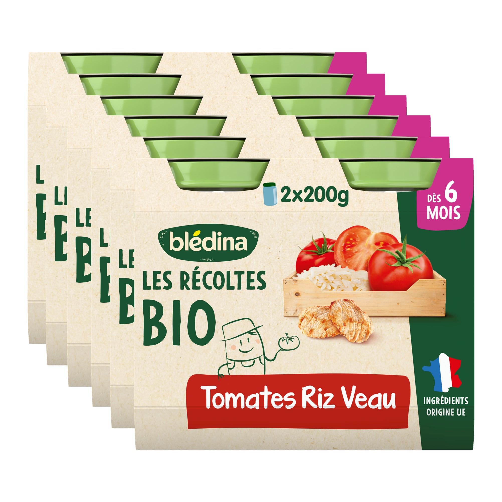 Blédina les Recoltes Bio Tomates Riz Veau, lot de 6 x 2 (200g)