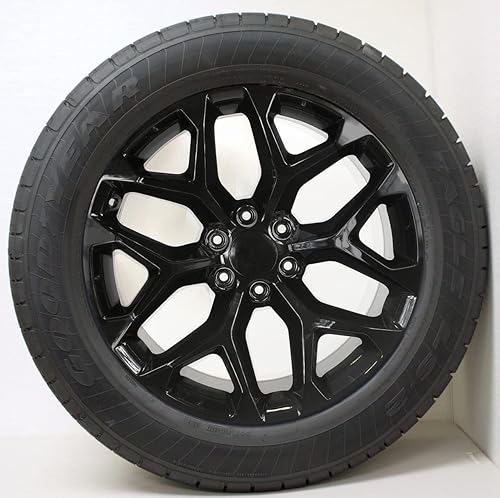 Miniatura 2 de Llanta de réplica de copo de nieve negro brillante de 20 pulgadas con llantas 275/55R20, incluye sensores TPMS y 24 tuercas para Chevy Silverado