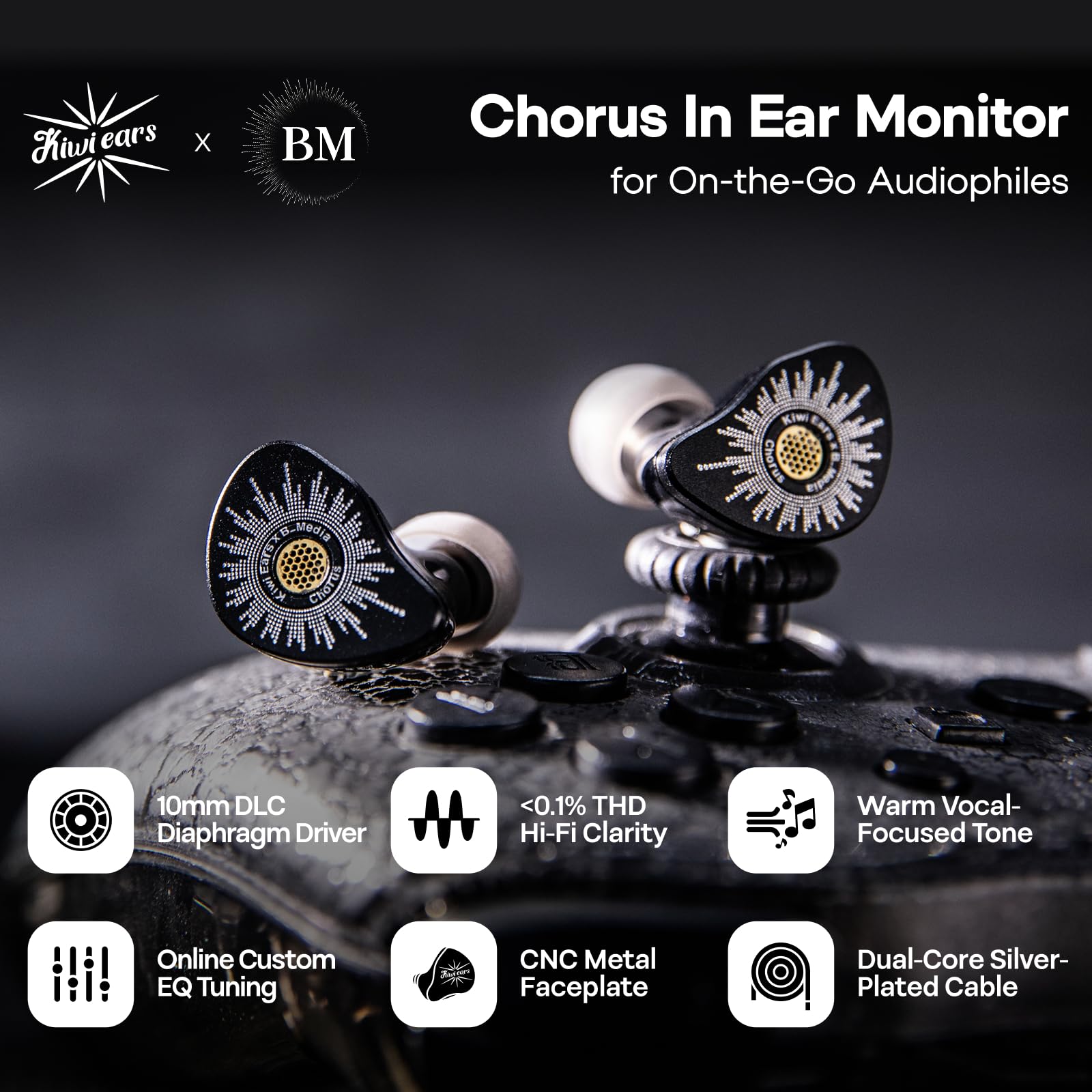 Kiwi Ears x B_Media Chorus In-Ear-Monitor, DLC-Membran Dynamic Driver IEM, mit CNC-Metallblende, kabelgebundene Ohrhörer mit doppeltem versilbertem Kabel für Musiker (1, Schwarz, 3,5 mm
