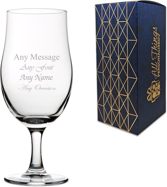 Personalised Engraved Stemmed Pint Glass, Personalise with Any Message for Any Occasion, Stylize with a Variety of Fonts, Gift Box Included, Laser Engraved