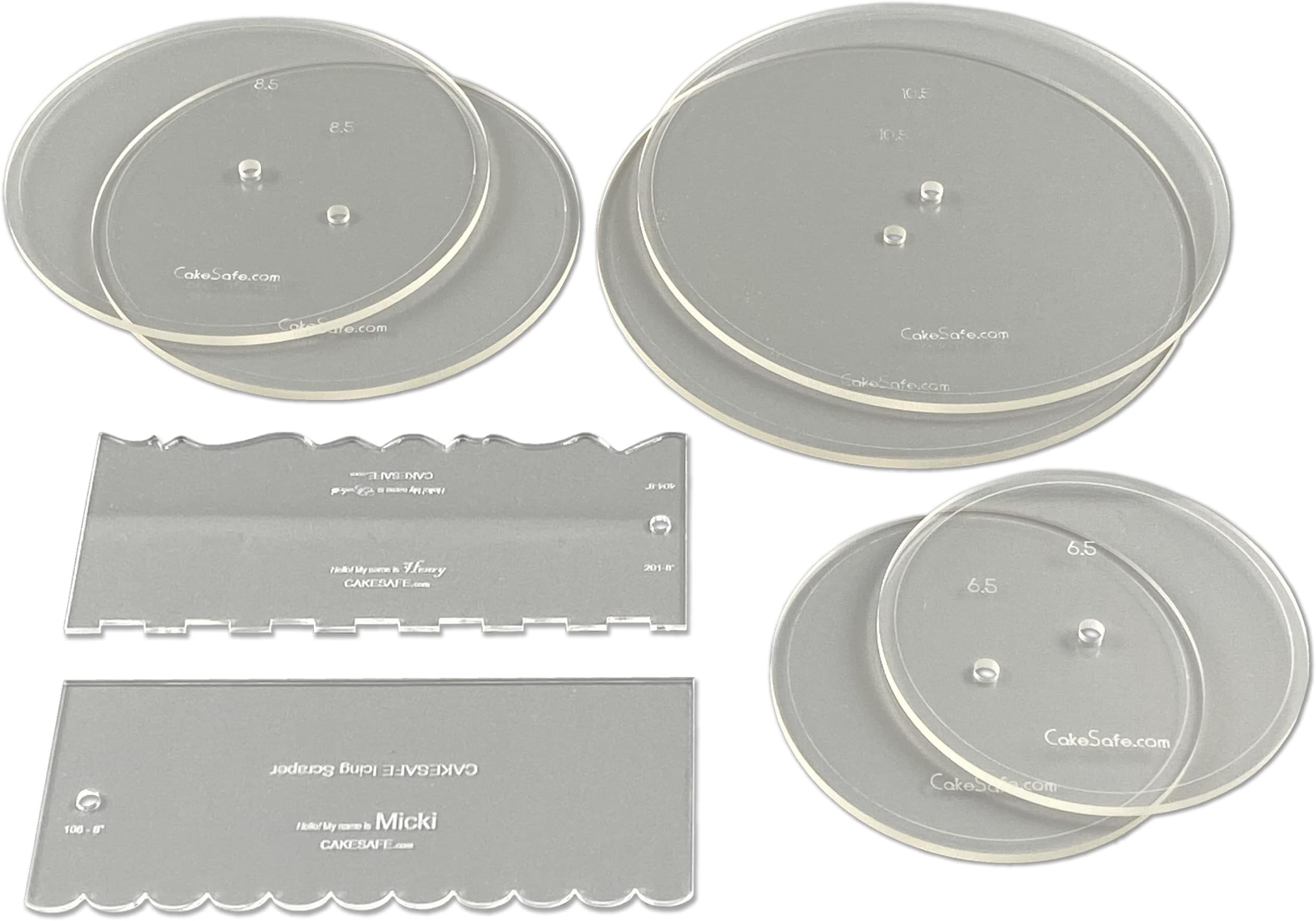 CAKESAFEEssential Cake Decorating Acrylic Disk Kit - 3 Sets - Round 6.5", 8.5", 10.5" Disks Sets (2 disks per size), 2-8" Icing Scrapers with 1 Scraper Edge and 3 Cake Comb Patterns