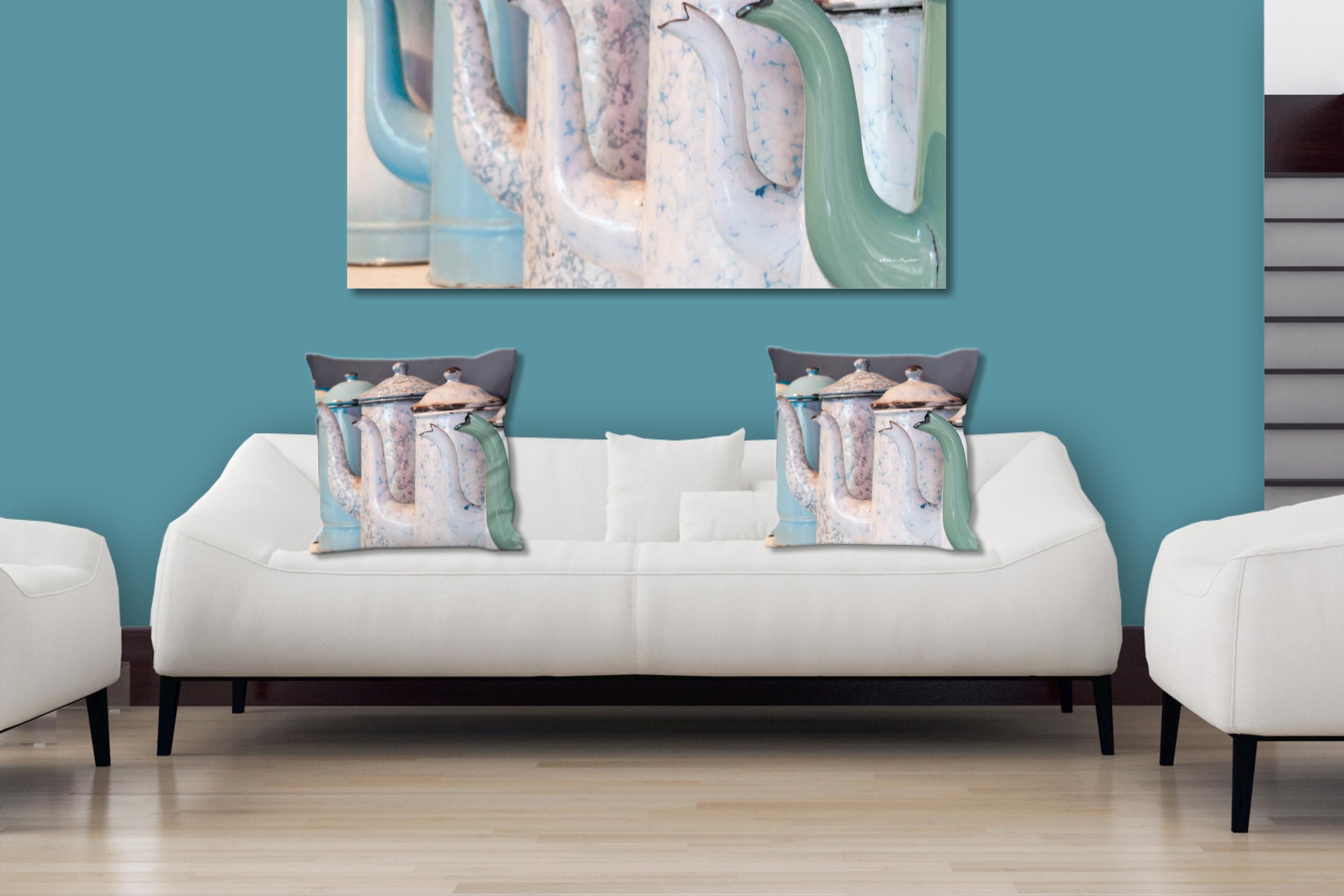 Kannen 4 - Foto-Kissen-Hülle Set (2 STK.) 40 x 40 cm | Kissen-Bezüge - passend zu Wandbild - Deko-Kissen - Küche Milch Milchkanne Geschirr Oma