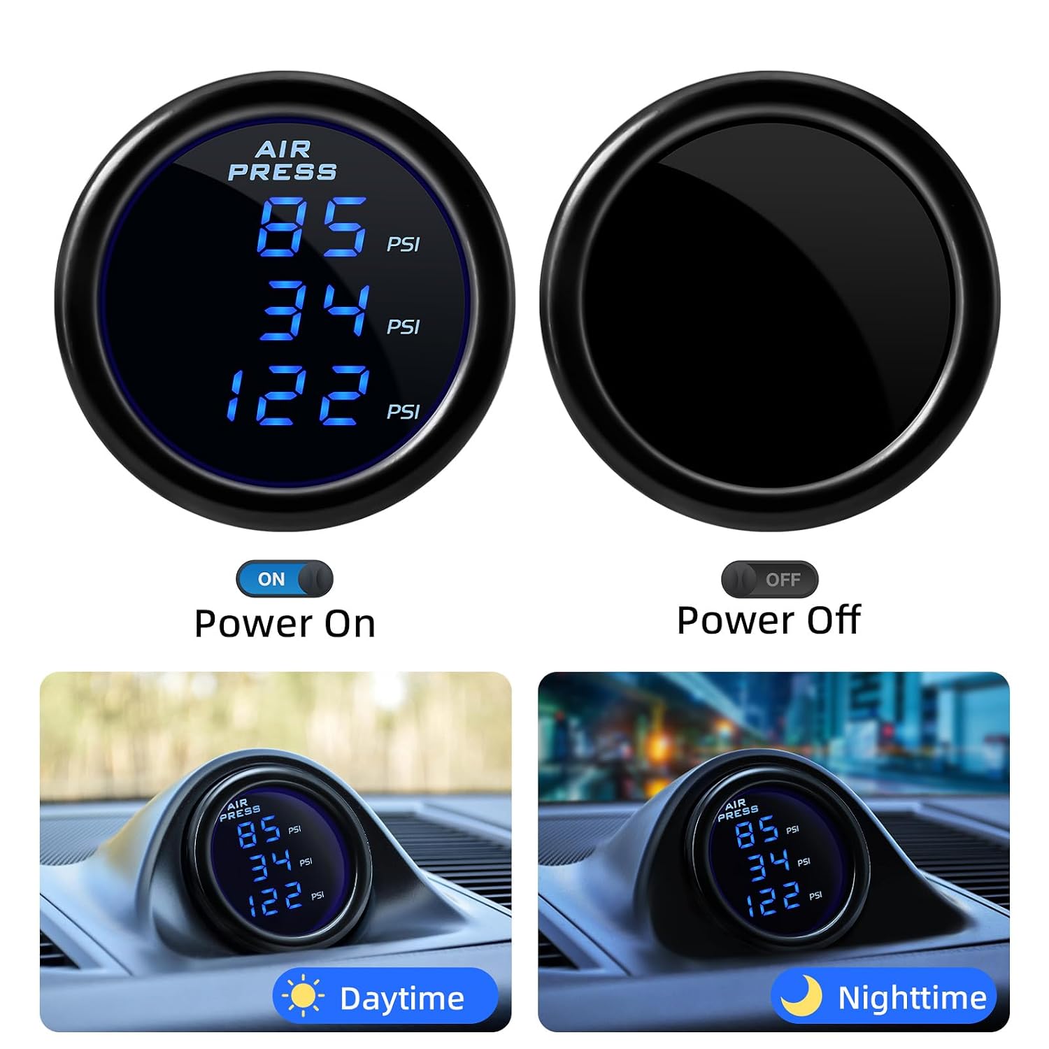 Triple Digital Air Ride Pressure Gauge 2-1/16" 0-220 PSI MAIMEIMI Car Suspension Gauge Kit 2inch 52mm Air Ride Air Pressure Gauge Set with 3PCS 1/8 NPT Sensors for Car & Truck