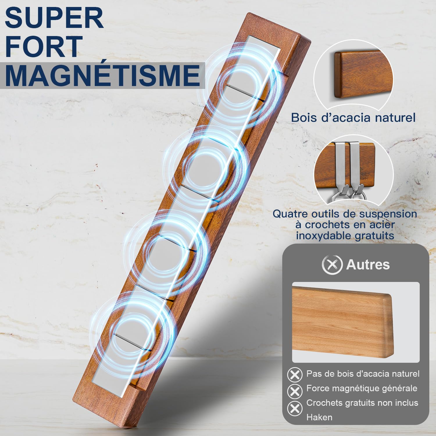 ENOKING Porte Couteaux Aimanté, Barre Aimantée Porte Couteaux de Cuisine avec 4 Crochets, 40cm Porte Couteaux de Cuisine Mural en Bois avec Aimant Extra Puissant pour range couteaux