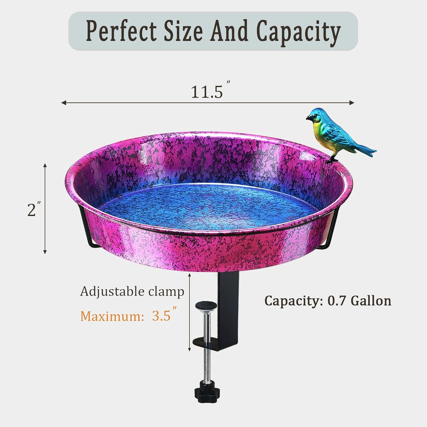 Metal Deck Bird Bath for Balcony Railing, Metallic Purple & Blue 11.5” Bathing Bowl & Feeder with Adjustable Steel Clamp Outdoor Garden Decor Yard Art (0.7 Gallon)