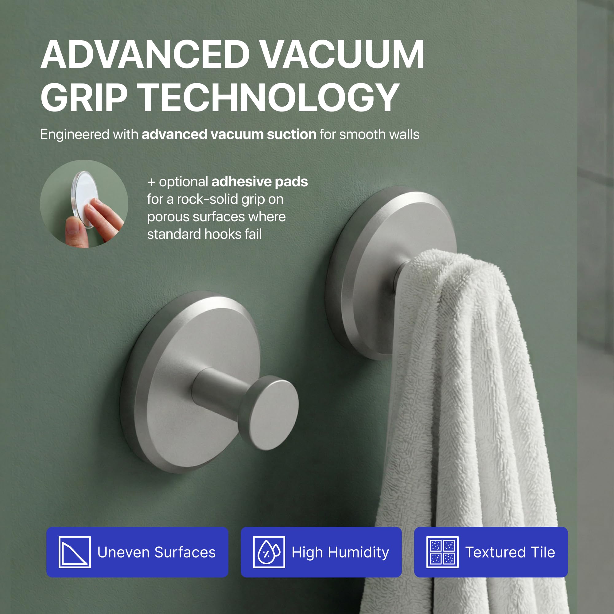 HOME SO HOME SO Suction Cup Hooks for Shower & Bathroom Towel Holder 2-Pack β Suction Cups Hooks for Hanging Towels, Robes, & Coats - Tiles, Glass Door or Mirror β Shower Hooks & Towel Hooks Organizer -Nickel in use