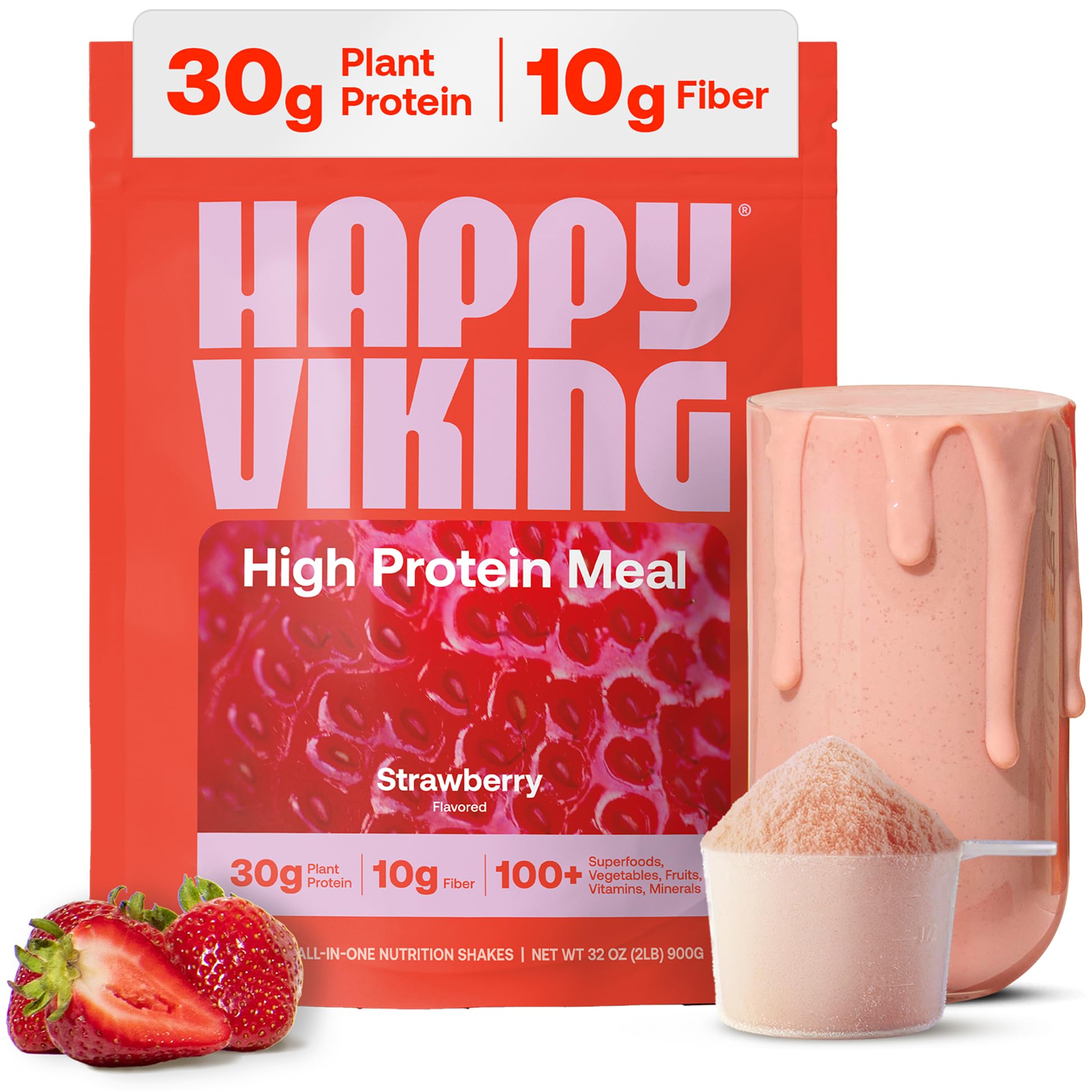 Happy Viking Plant-Based Protein Powder +100 Superfoods Strawberry Meal Replacement Shake, Created by Venus Williams, 30g Plant Protein, 10g Fiber, Vegan, Gluten-Free, Non-GMO, 15 Meals