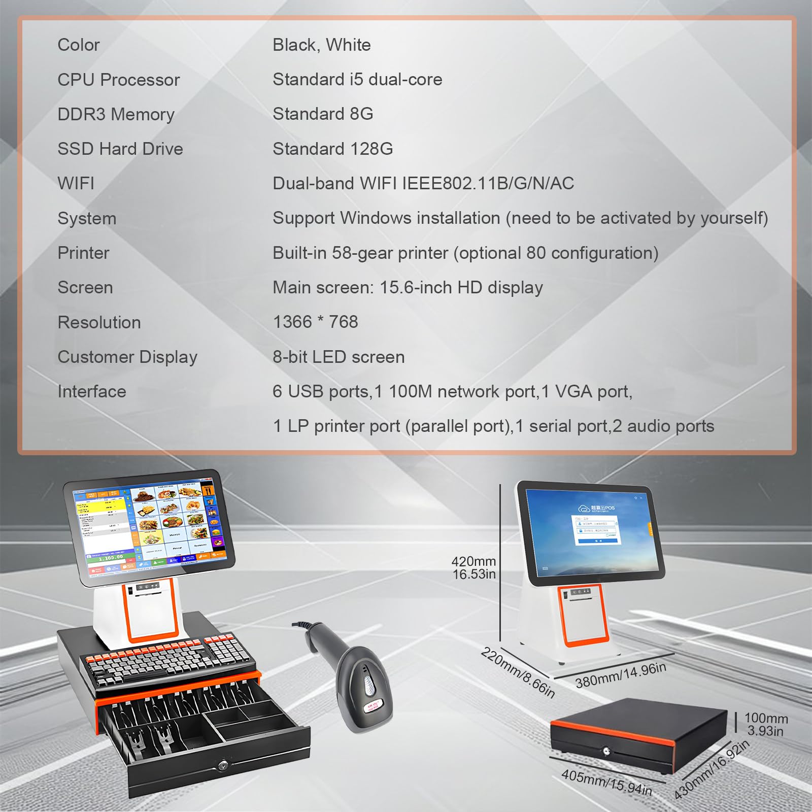 SHAHRYAR Caisse Enregistreuse Intelligente,Caisse Enregistreuse Tout-en-Un, Caisse Enregistreuse Tactile avec Caisse Et Clavier,Écran Tactile 15,6 Pouces, Blanc Noir,White