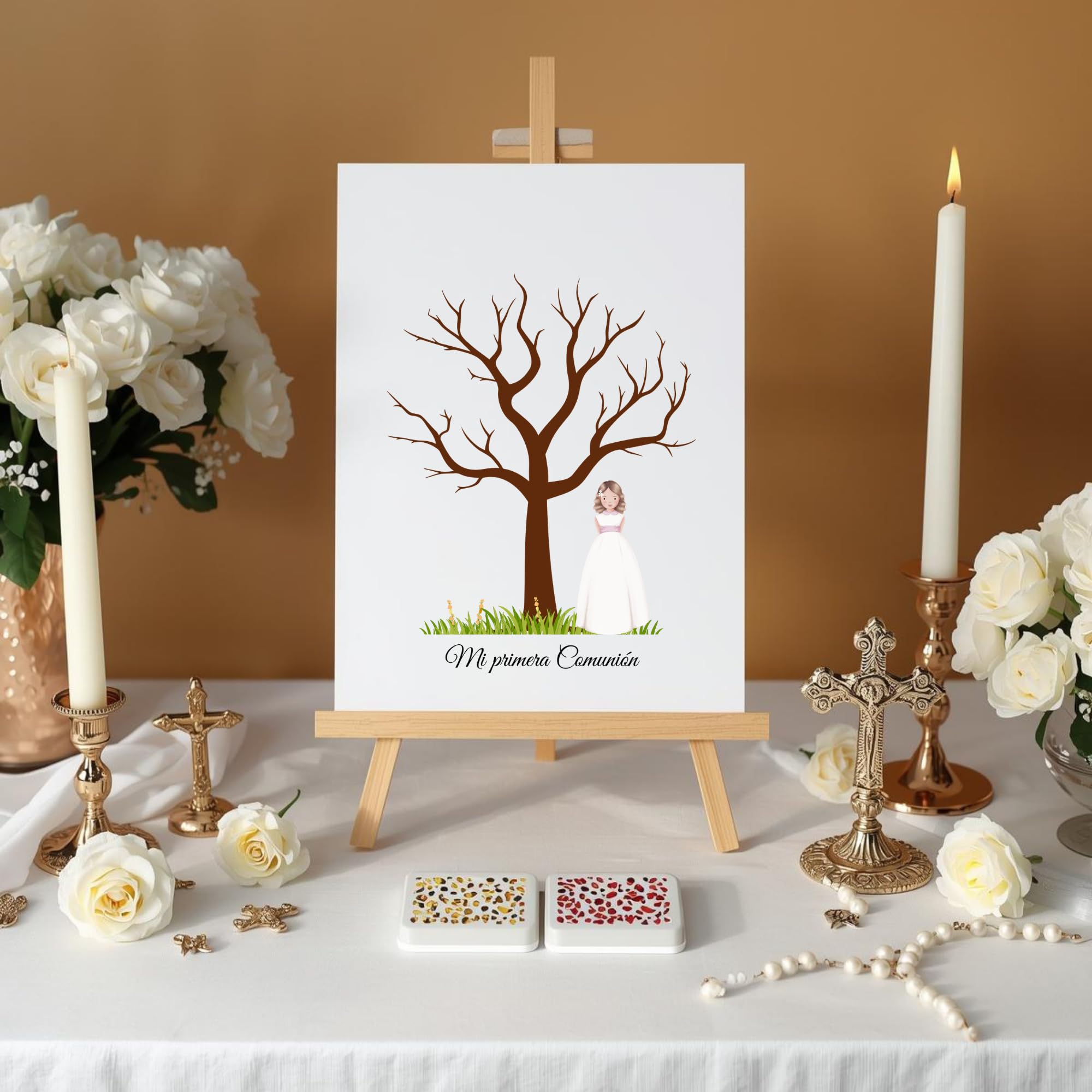 Eedama Decor Arbol de huellas comunión | lámina A3 diferentes modelos | Árbol huellas dactilar | Alternativa libro de firmas Primera Comunión | Pack con tintas incluidas (niña rubia) — view 5
