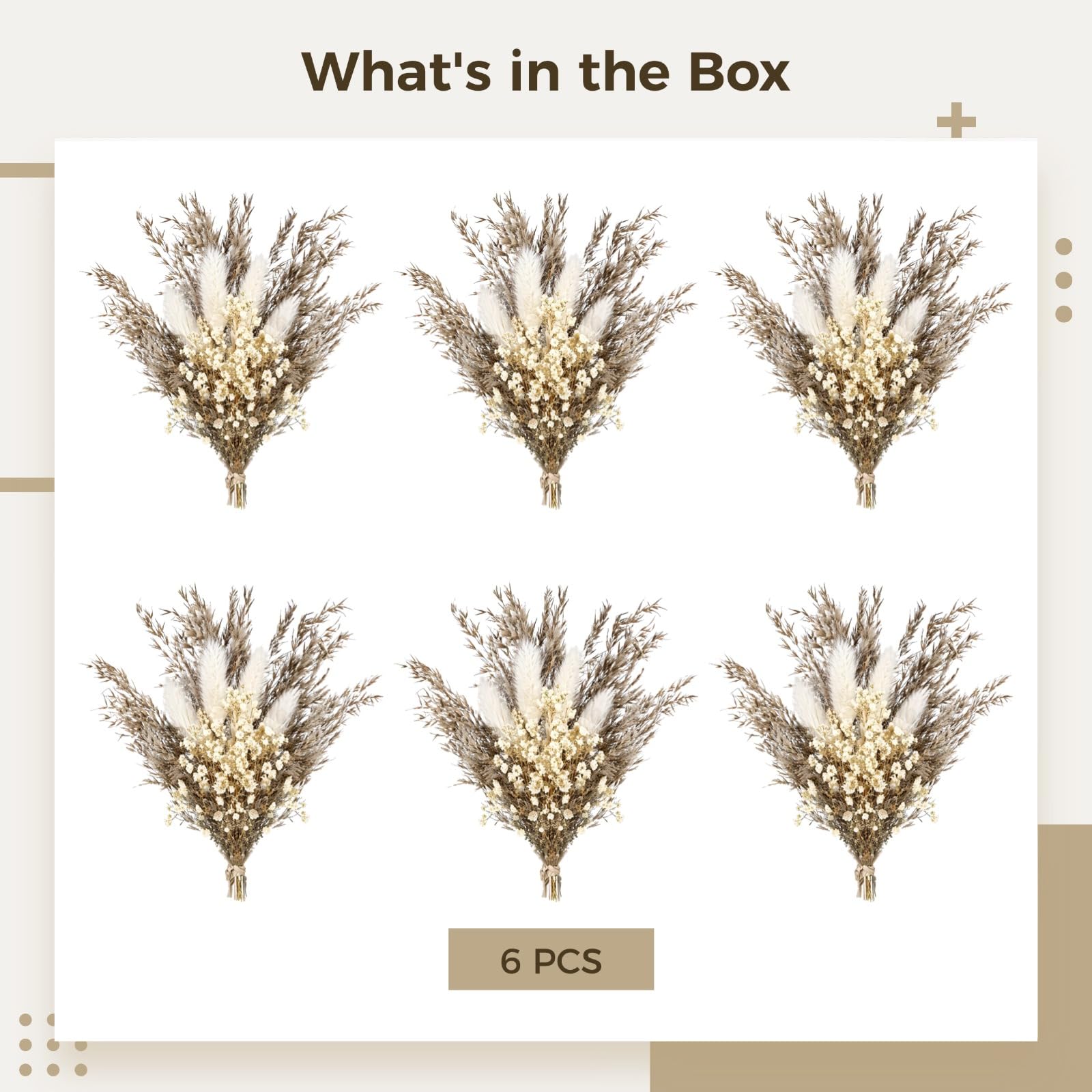 6 Stück Mini-Trockenblumensträuße, natürliche Pampasgras-Boutonnieres, 4 Zoll Boho-Hochzeitsanstecker, rustikale Herbst-Trockenblumen-Boutonnieres für Hochzeit, Party, Wohndeko, DIY
