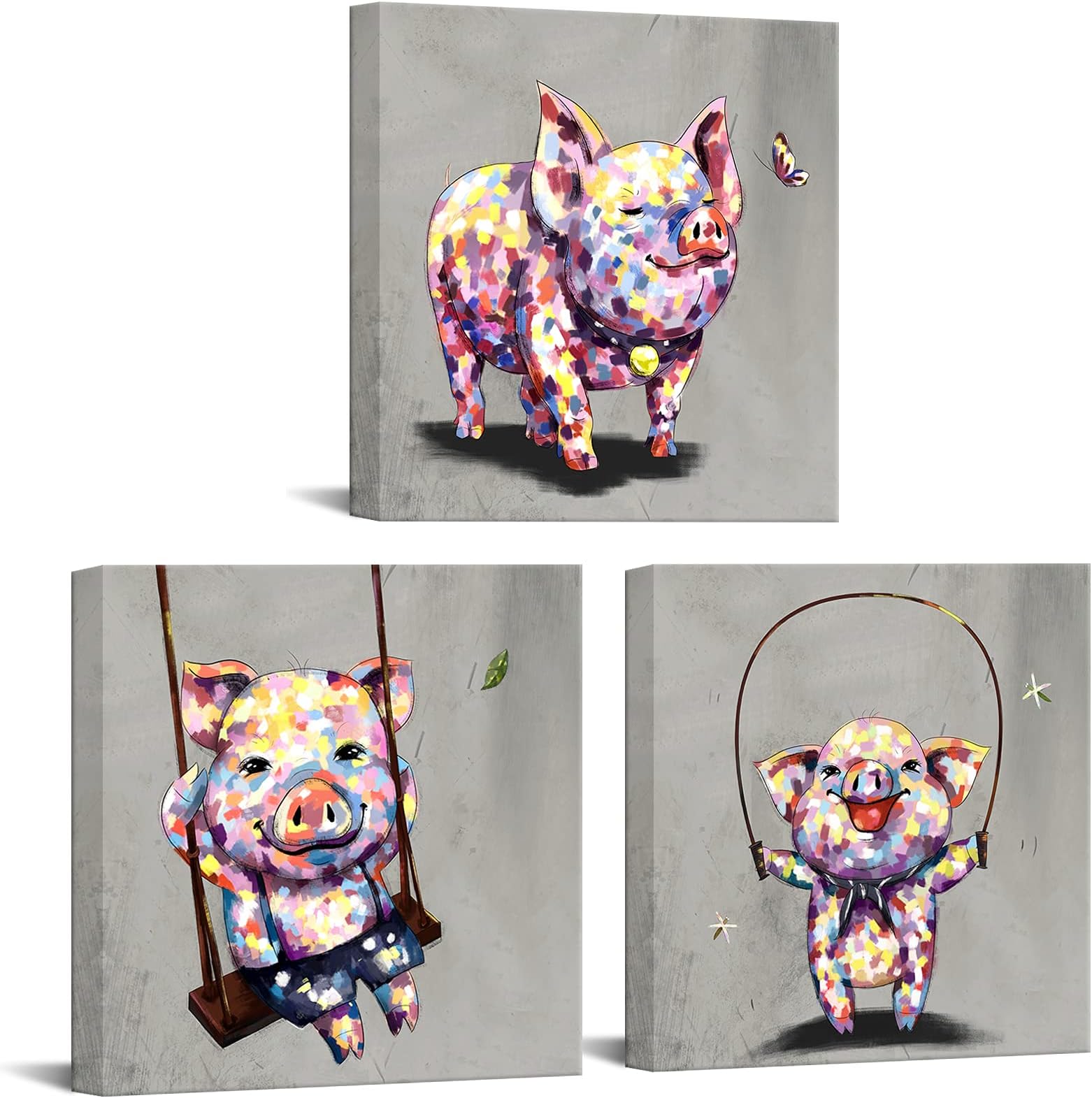 LevvArts3 Panel Wall Art Animal Painting Lovely Pig Having Fun Picture Prints on Canvas Modern Home Living Room Bedroom Decoration Stretched Ready to Hang