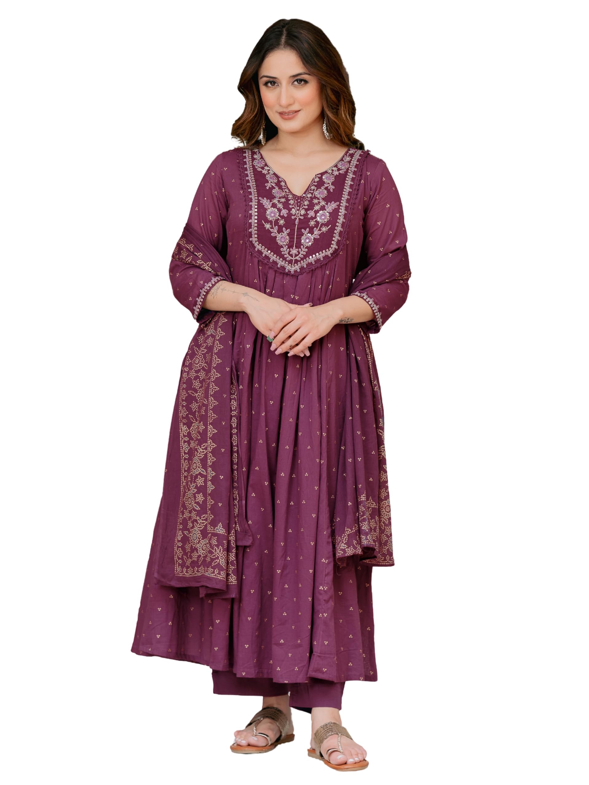 arayna Women’s 100% Pure Cotton Anarkali Kurta Set with Pant & Dupatta | Embroidered Flared Kurta | Elegant Ethnic Suit-picture-12