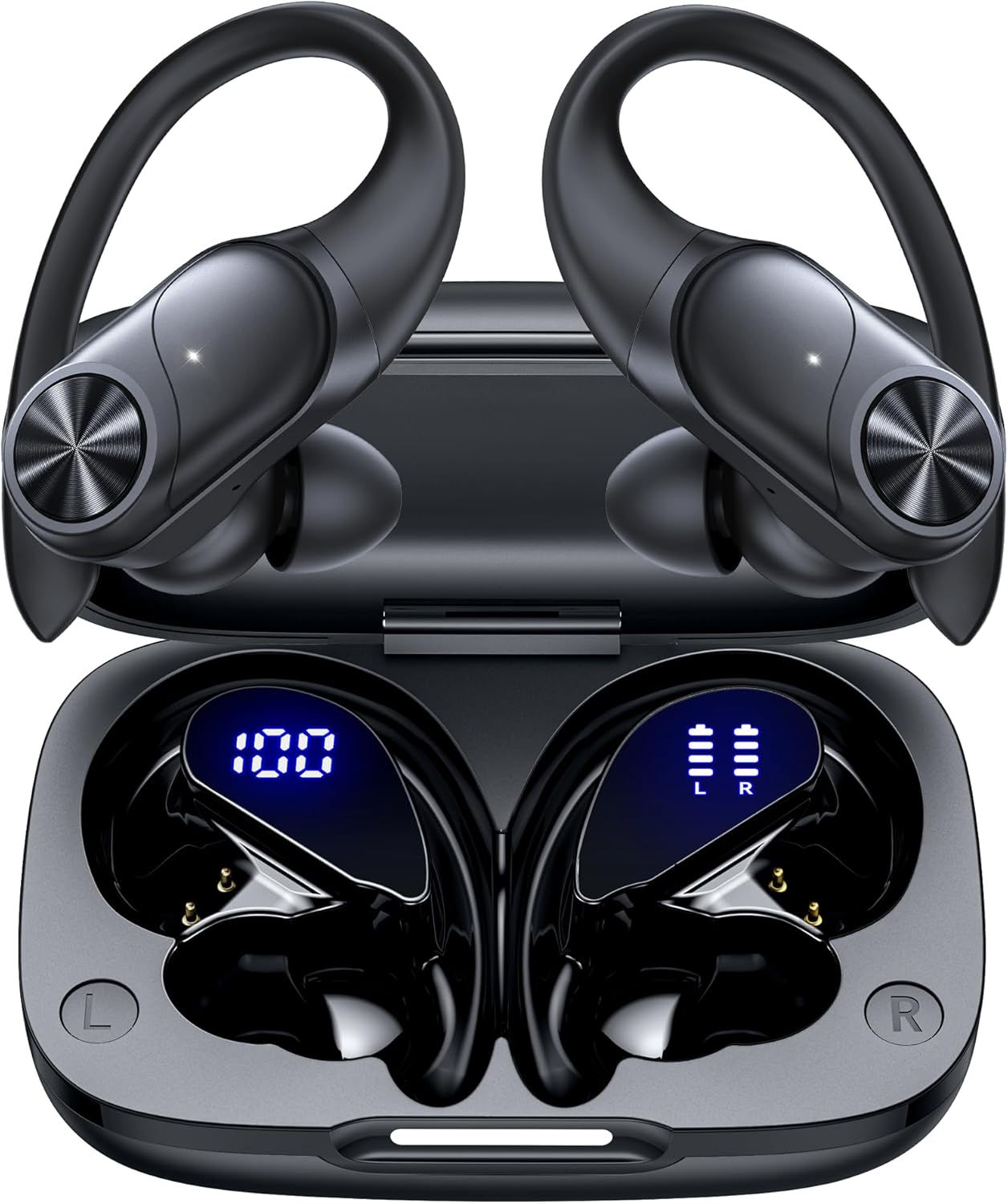 PocBuds Bluetooth Headphones Wireless Earbuds 80hrs Playtime Wireless Charging Case Digital Display Sports Ear Buds with Earhook Deep Bass IPX7 Waterproof Over-Ear Earphones for TV Phone Laptop Black - Thumbnail 2