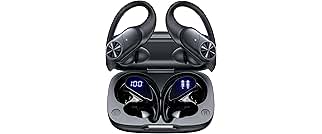 PocBuds Bluetooth Headphones Wireless Earbuds 80hrs Playtime Wireless Charging Case Digital Display Sports Ear Buds with Earhook Deep Bass IPX7 Waterproof Over-Ear Earphones for TV Phone Laptop Black